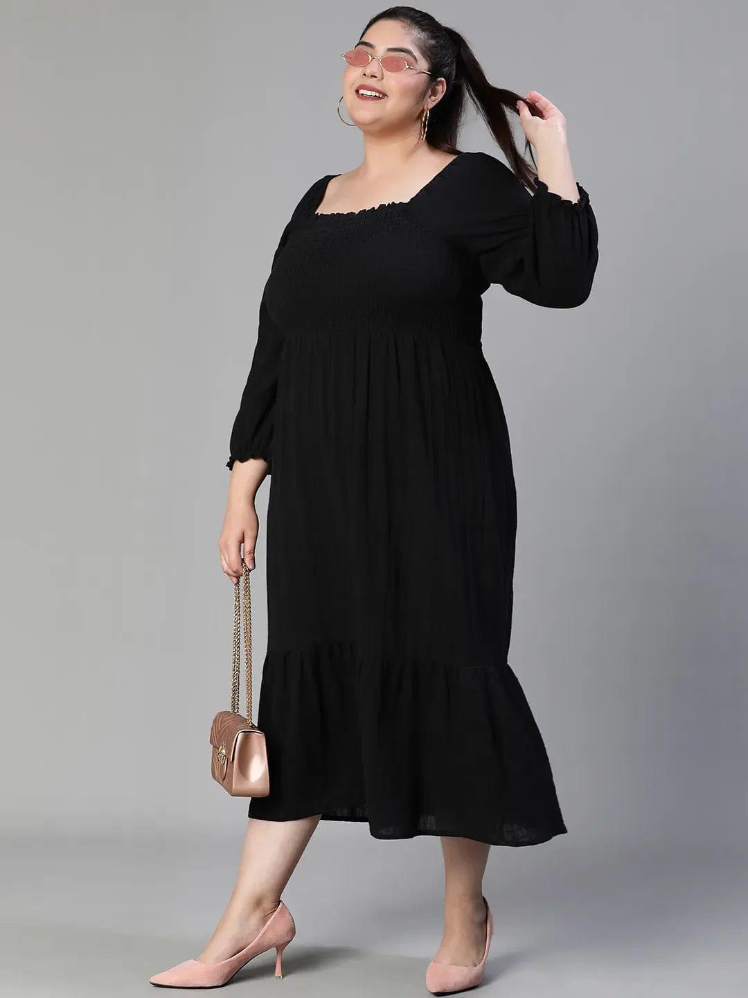 Fleek Solid Black Smocked Flare Plus Size Curvy Maxi Dress