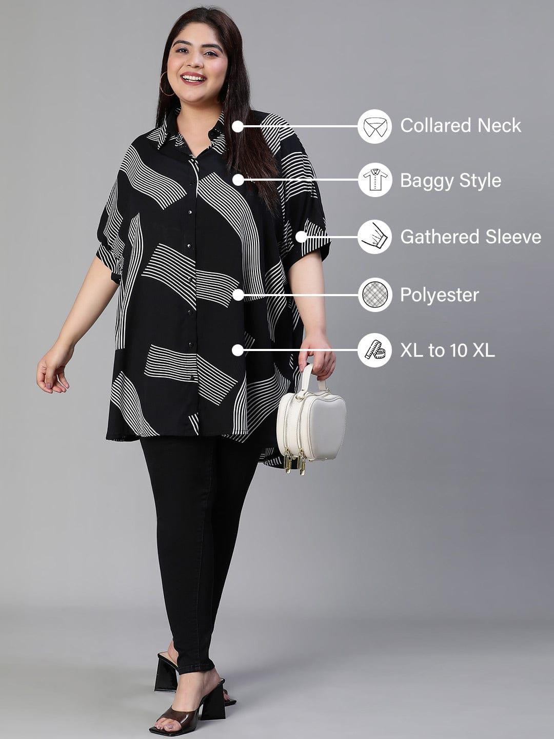 Lash Black Printed Baggy Style Button-Down Plus Size Pluszi Tunics