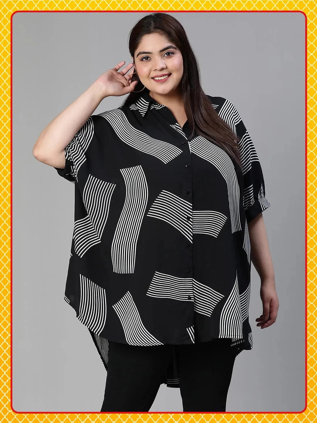 Lash Black Printed Baggy Style Button-Down Plus Size Pluszi Tunics