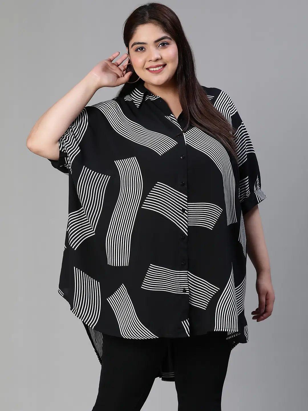 Lash Black Printed Baggy Style Button-Down Plus Size Pluszi Tunics