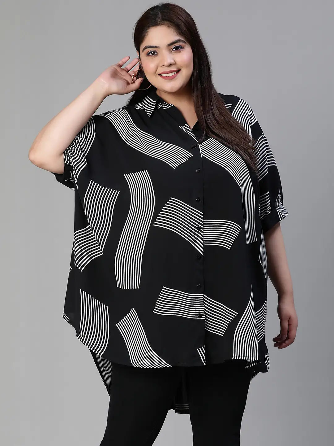 Lash Black Printed Baggy Style Button-Down Plus Size Tunic