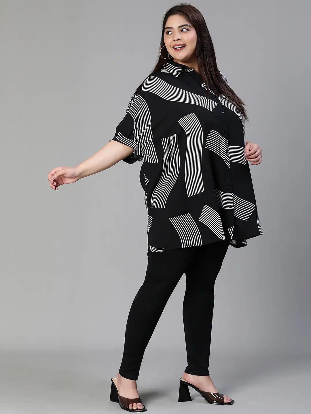 Lash Black Printed Baggy Style Button-Down Plus Size Pluszi Tunics