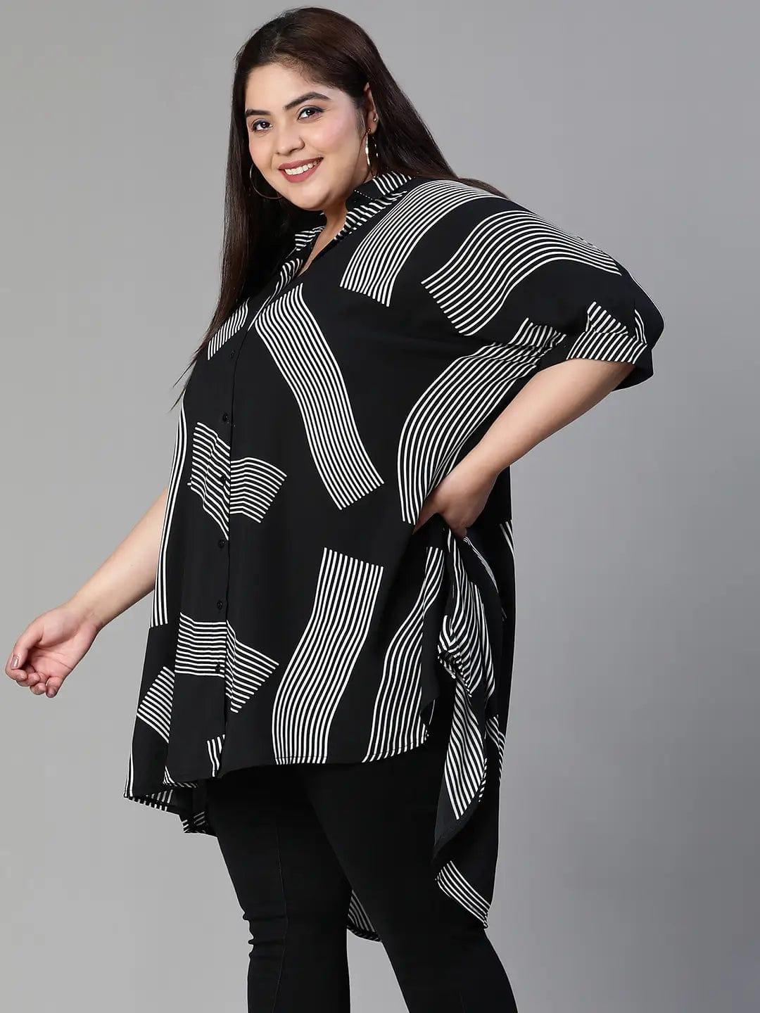 Lash Black Printed Baggy Style Button-Down Plus Size Pluszi Tunics