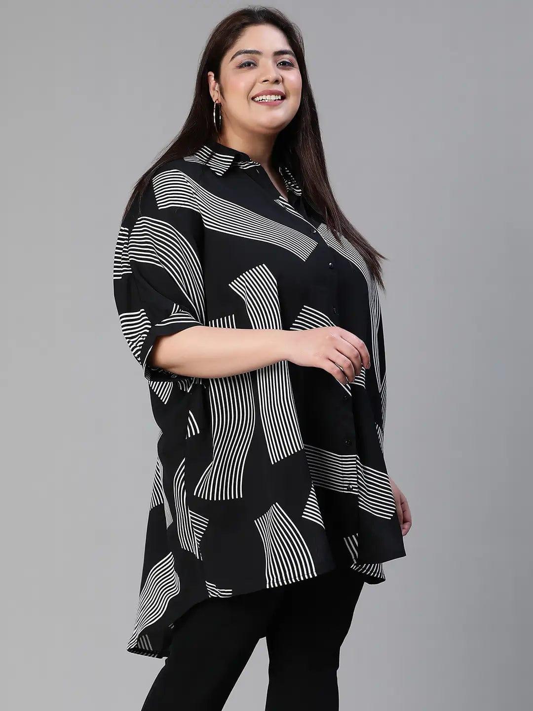 Lash Black Printed Baggy Style Button-Down Plus Size Pluszi Tunics