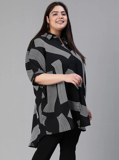 Lash Black Printed Baggy Style Button-Down Plus Size Tunic