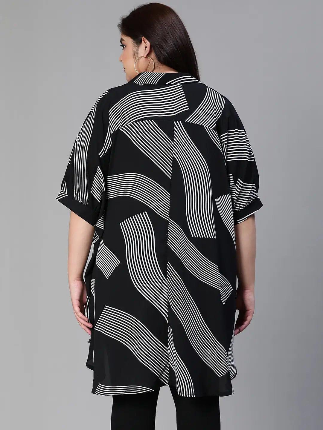 Lash Black Printed Baggy Style Button-Down Plus Size Pluszi Tunics