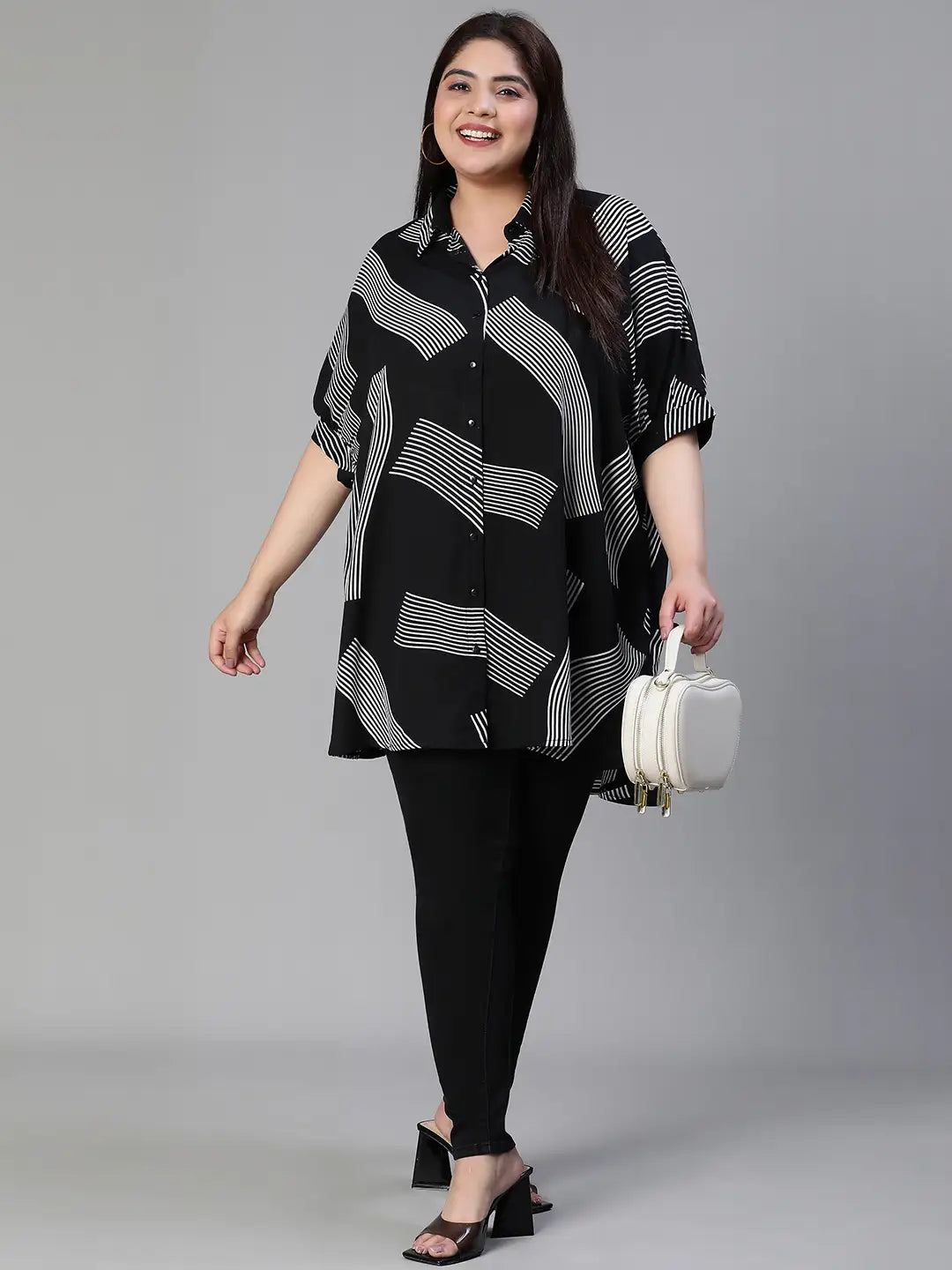 Lash Black Printed Baggy Style Button-Down Plus Size Tunic