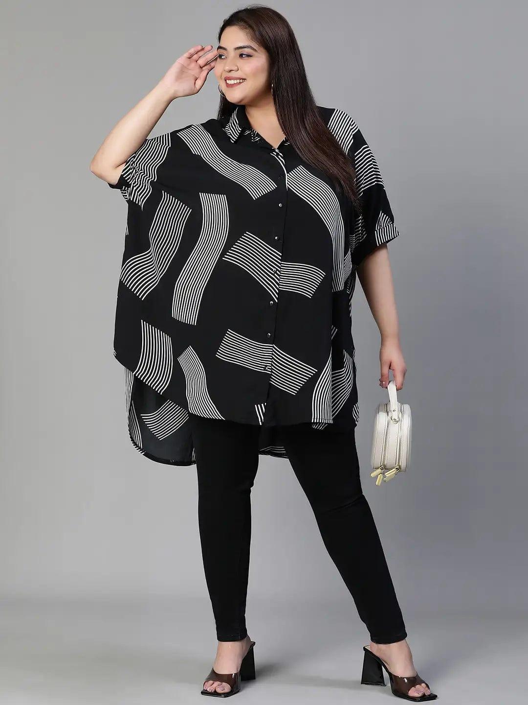 Lash Black Printed Baggy Style Button-Down Plus Size Pluszi Tunics