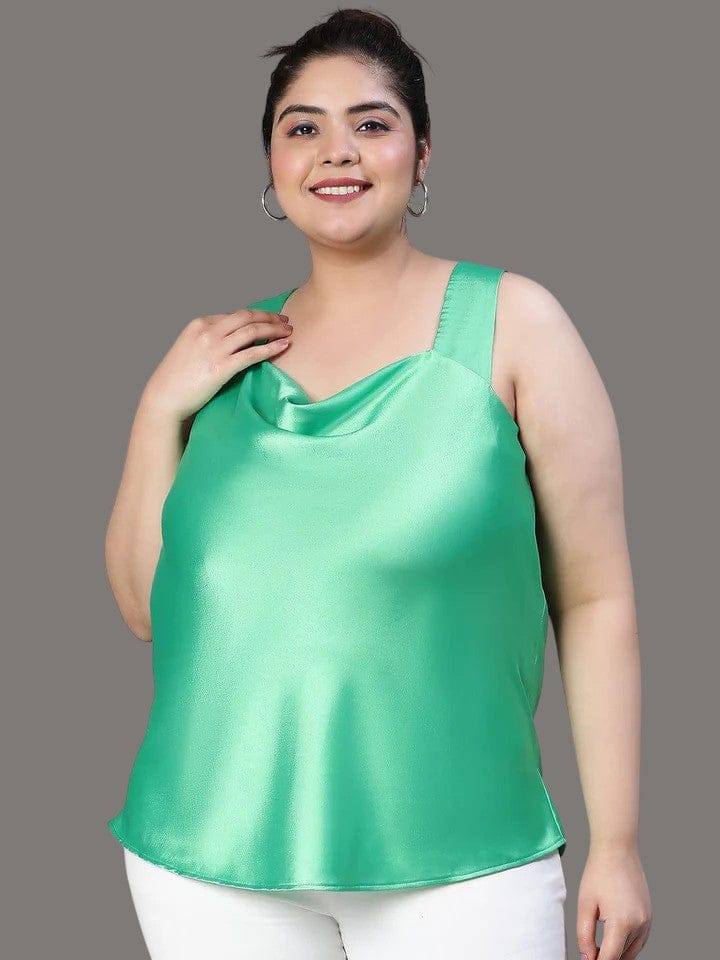Plus Size Satin Top - Green Sleeveless V Neck Loopy Blouse for Women