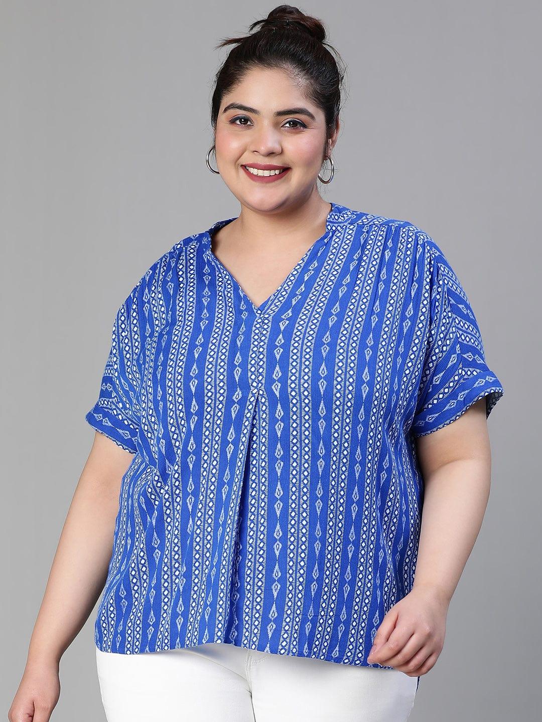 Cobalt Blue Print Plus Size Women Casual Loopy Top