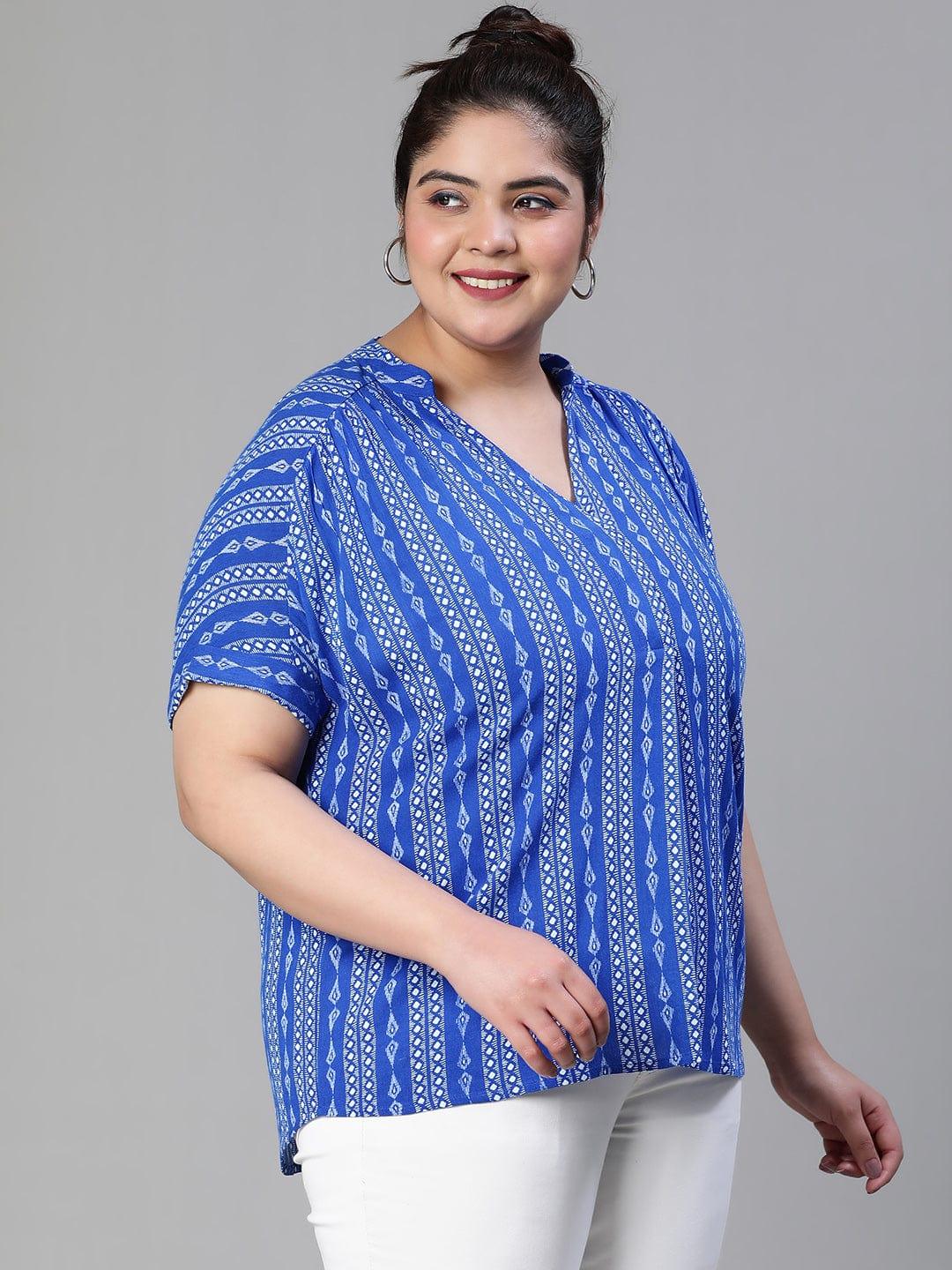 Cobalt Blue Print Plus Size Women Casual Loopy Top