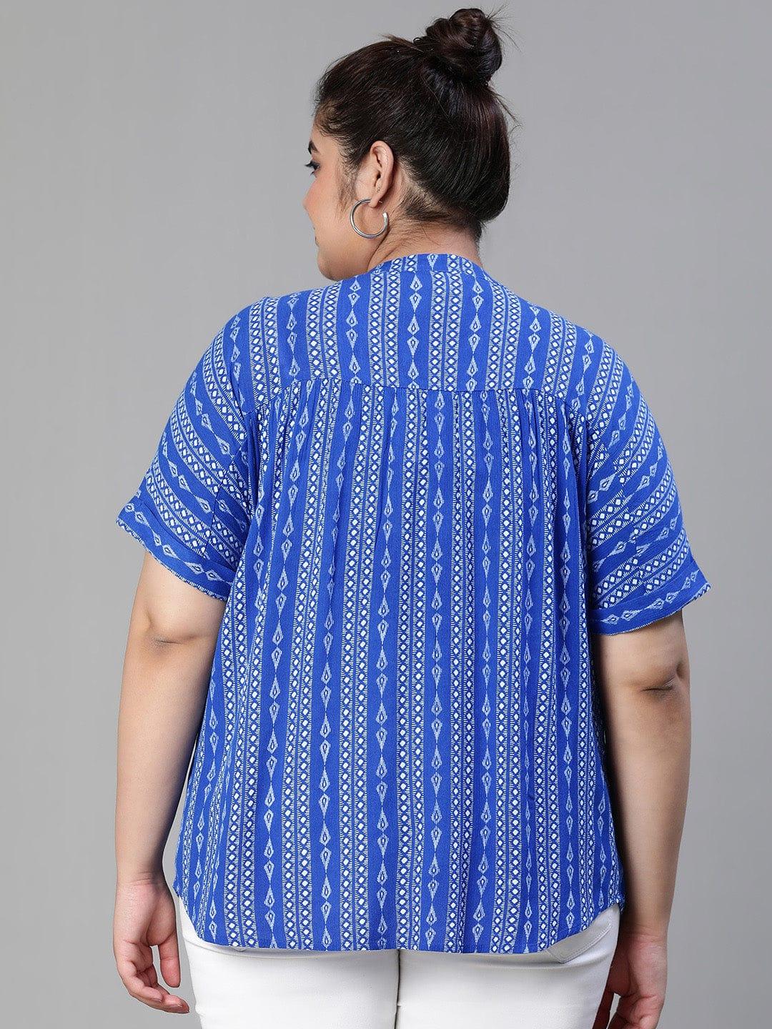 Cobalt Blue Print Plus Size Women Casual Loopy Top