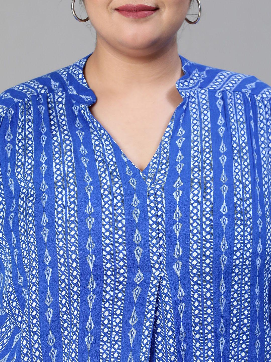 Cobalt Blue Print Plus Size Women Casual Loopy Top