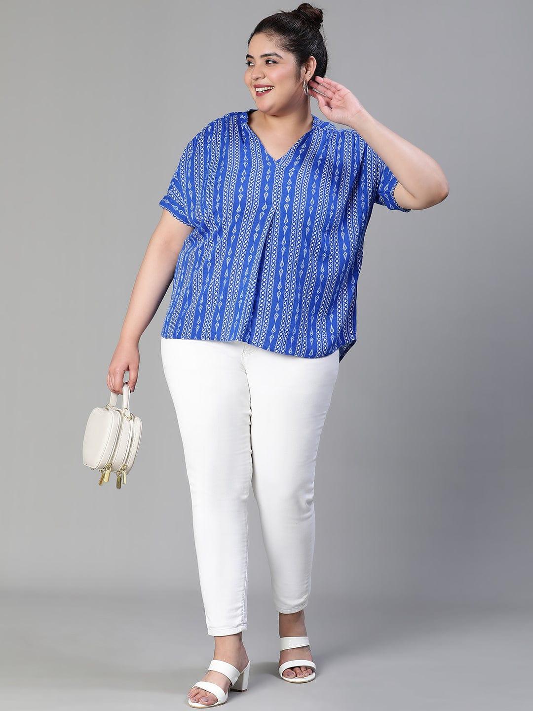 Cobalt Blue Print Plus Size Women Casual Loopy Top