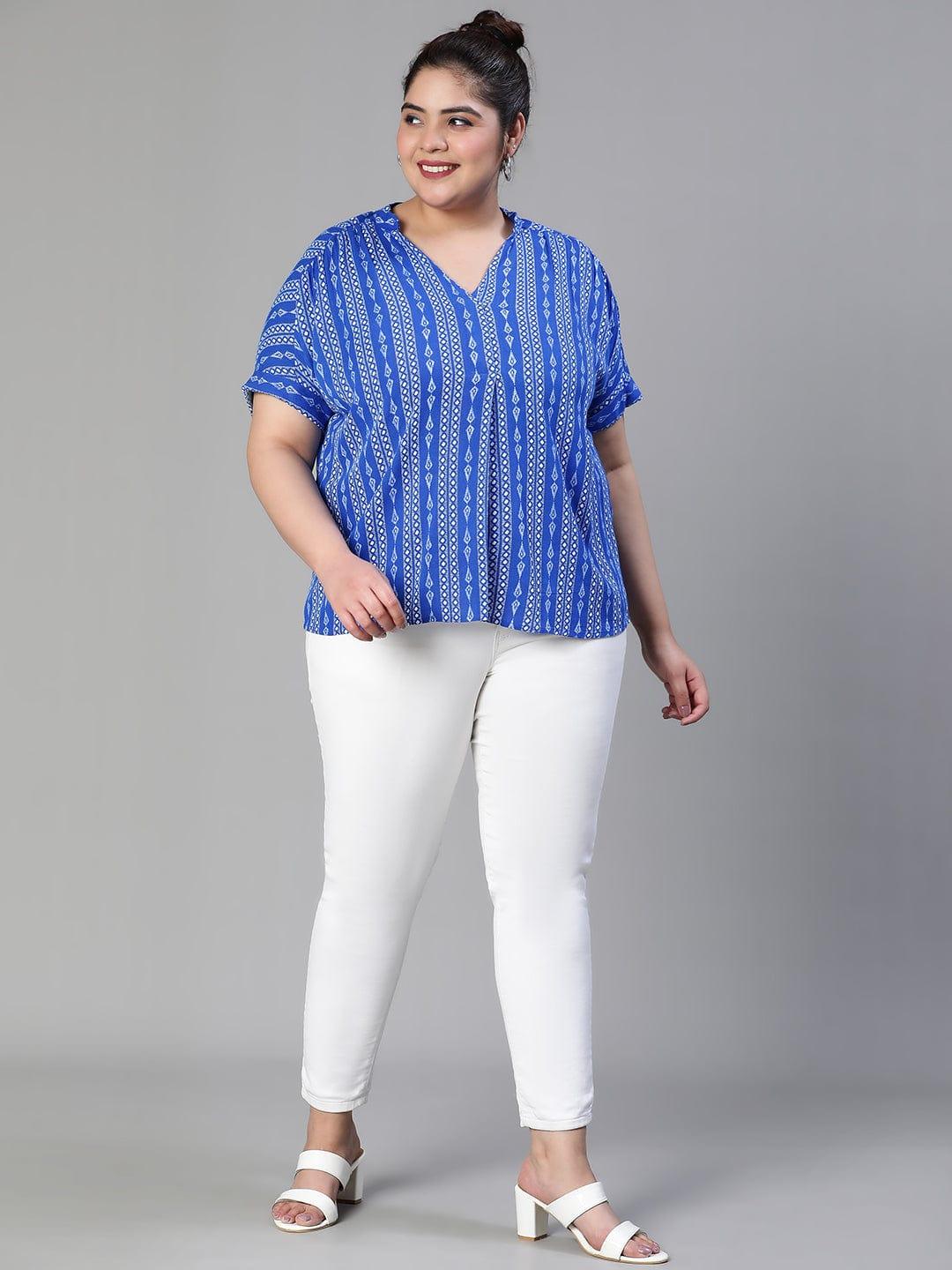 Cobalt Blue Print Plus Size Women Casual Loopy Top