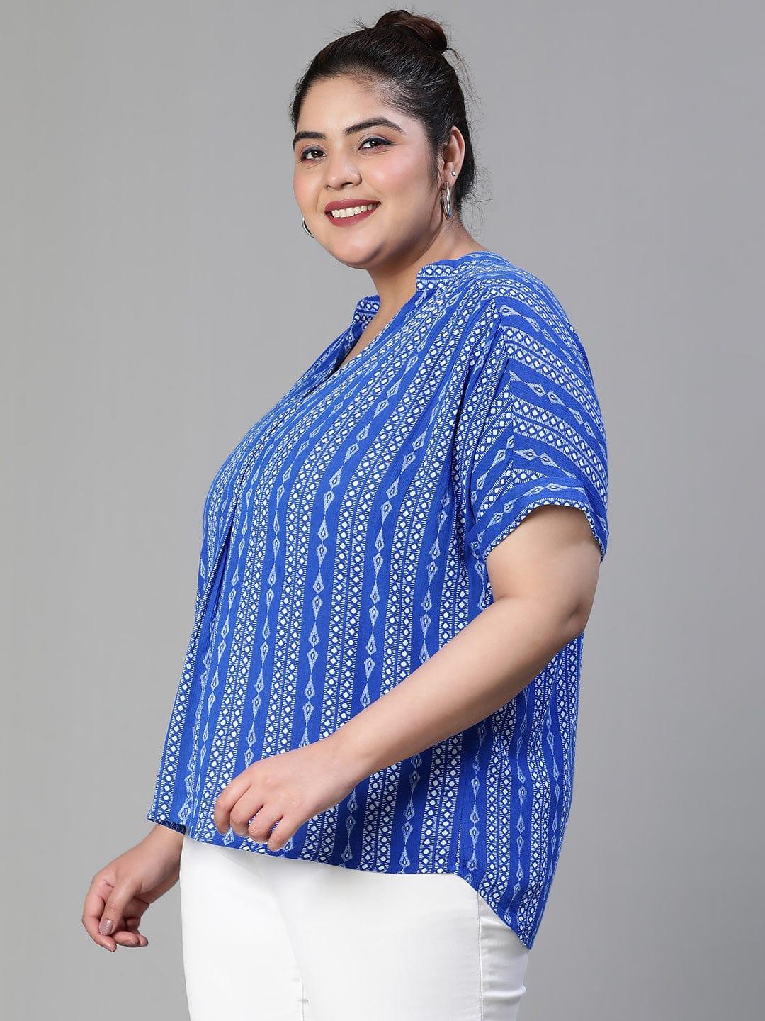 Cobalt Blue Print Plus Size Women Casual Loopy Top