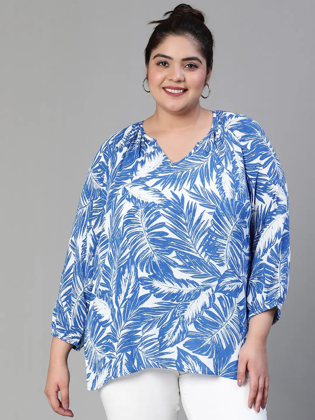 Icy Blue Tropical Print Plus Size Women Casual Top