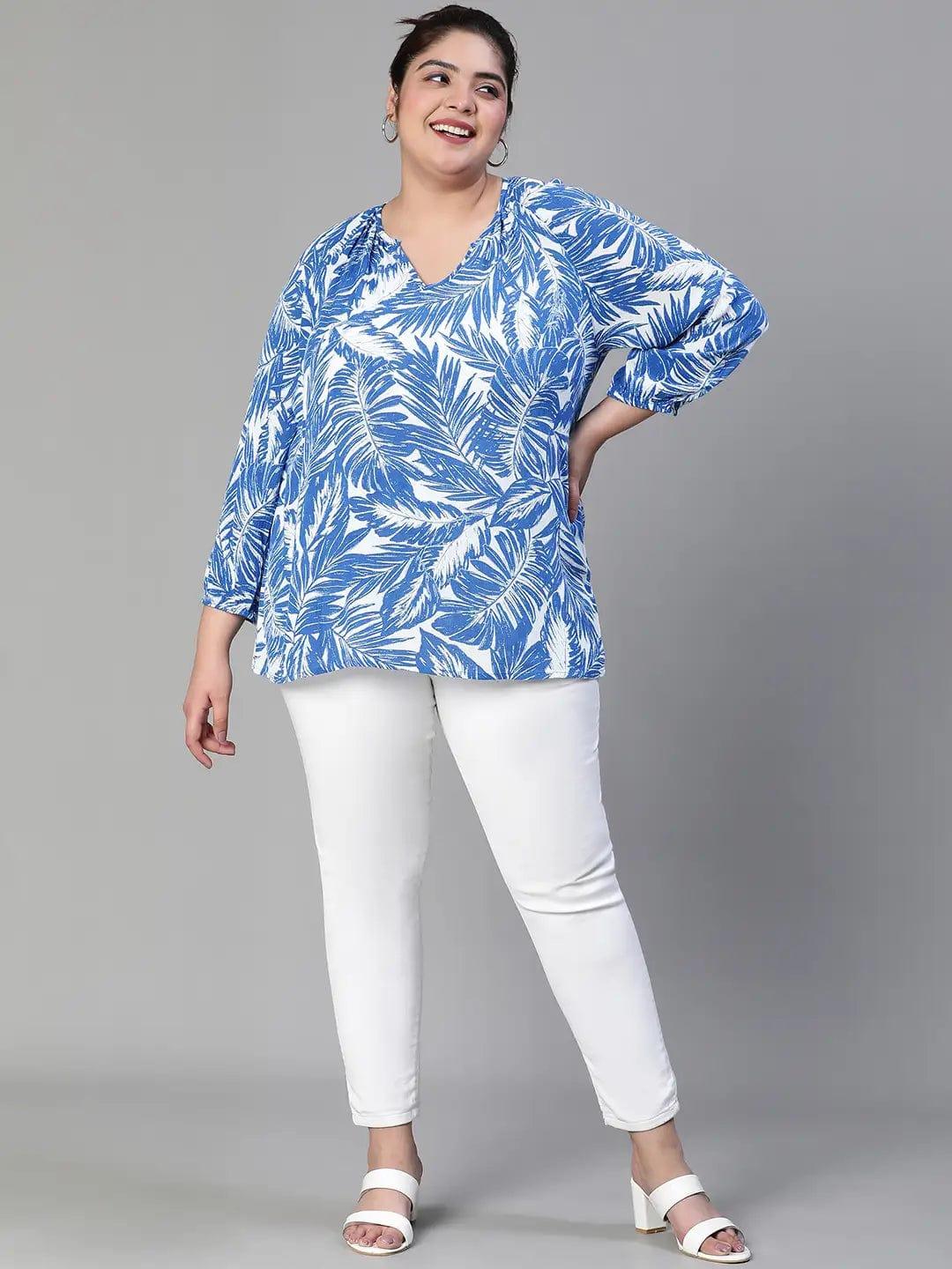 Icy Blue Tropical Print Plus Size Women Casual Top