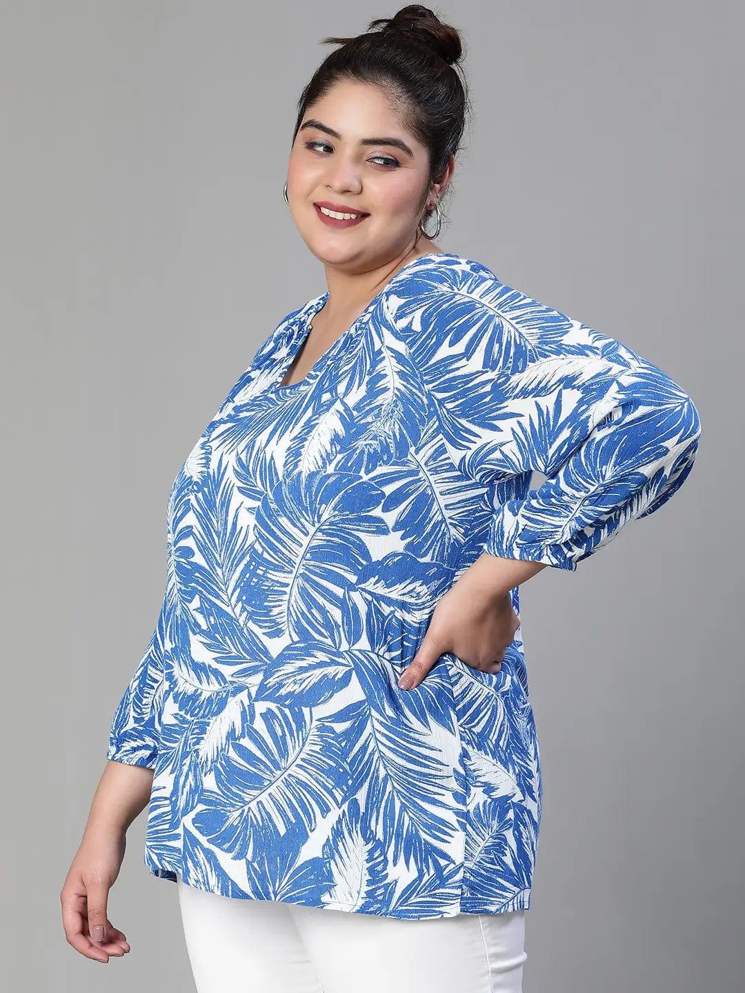 Icy Blue Tropical Print Plus Size Women Casual Top