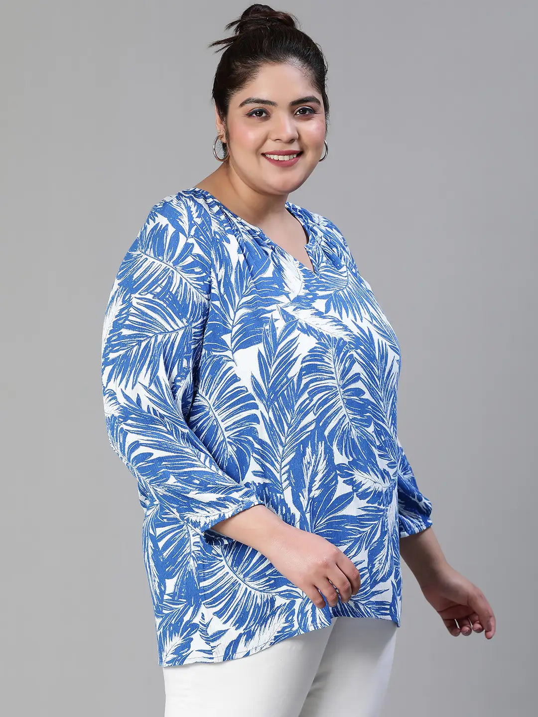 Icy Blue Tropical Print Plus Size Women Casual Top