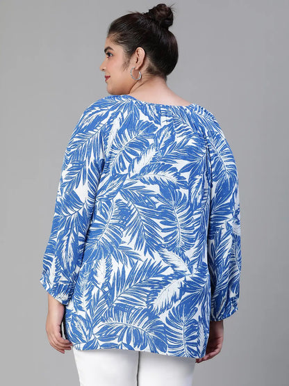 Icy Blue Tropical Print Plus Size Women Casual Top