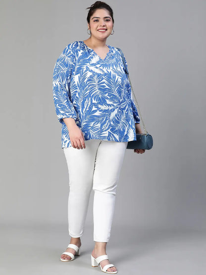 Icy Blue Tropical Print Plus Size Women Casual Top