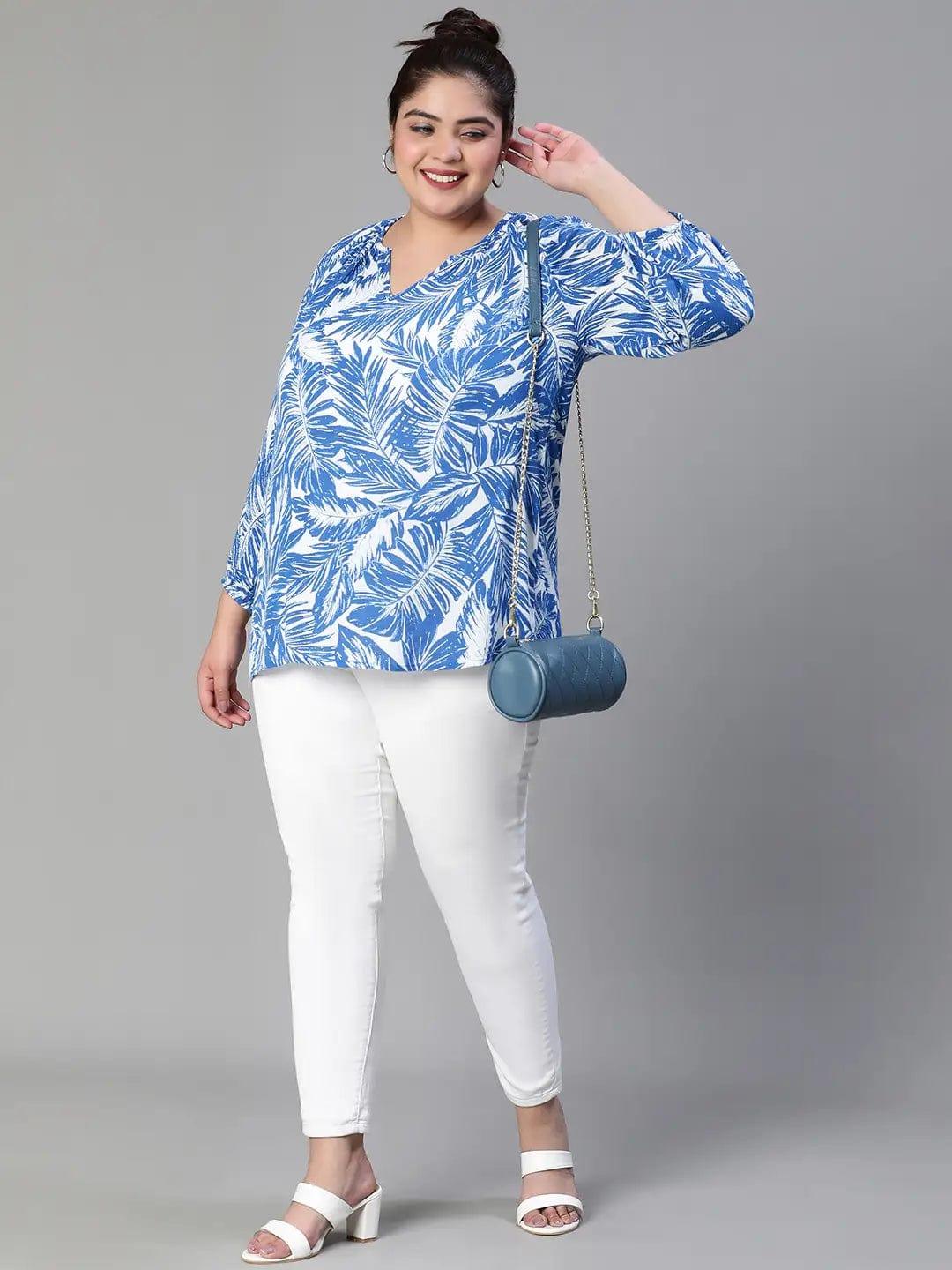 Icy Blue Tropical Print Plus Size Women Casual Top