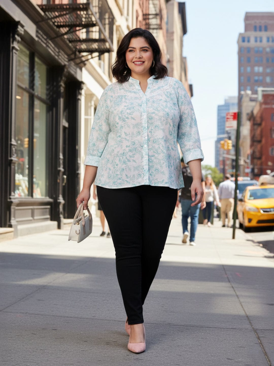 Green Crush Floral Print Buttoned Plus Size Cotton Shirt