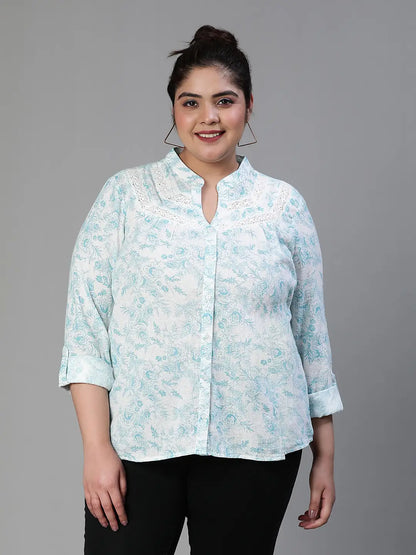 Green Crush Floral Print Buttoned Plus Size Cotton Shirt