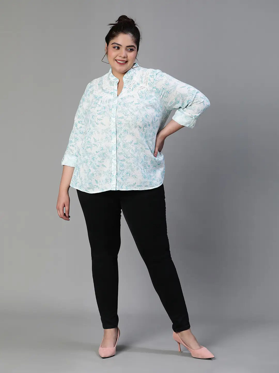 Green Crush Floral Print Buttoned Plus Size Cotton Shirt