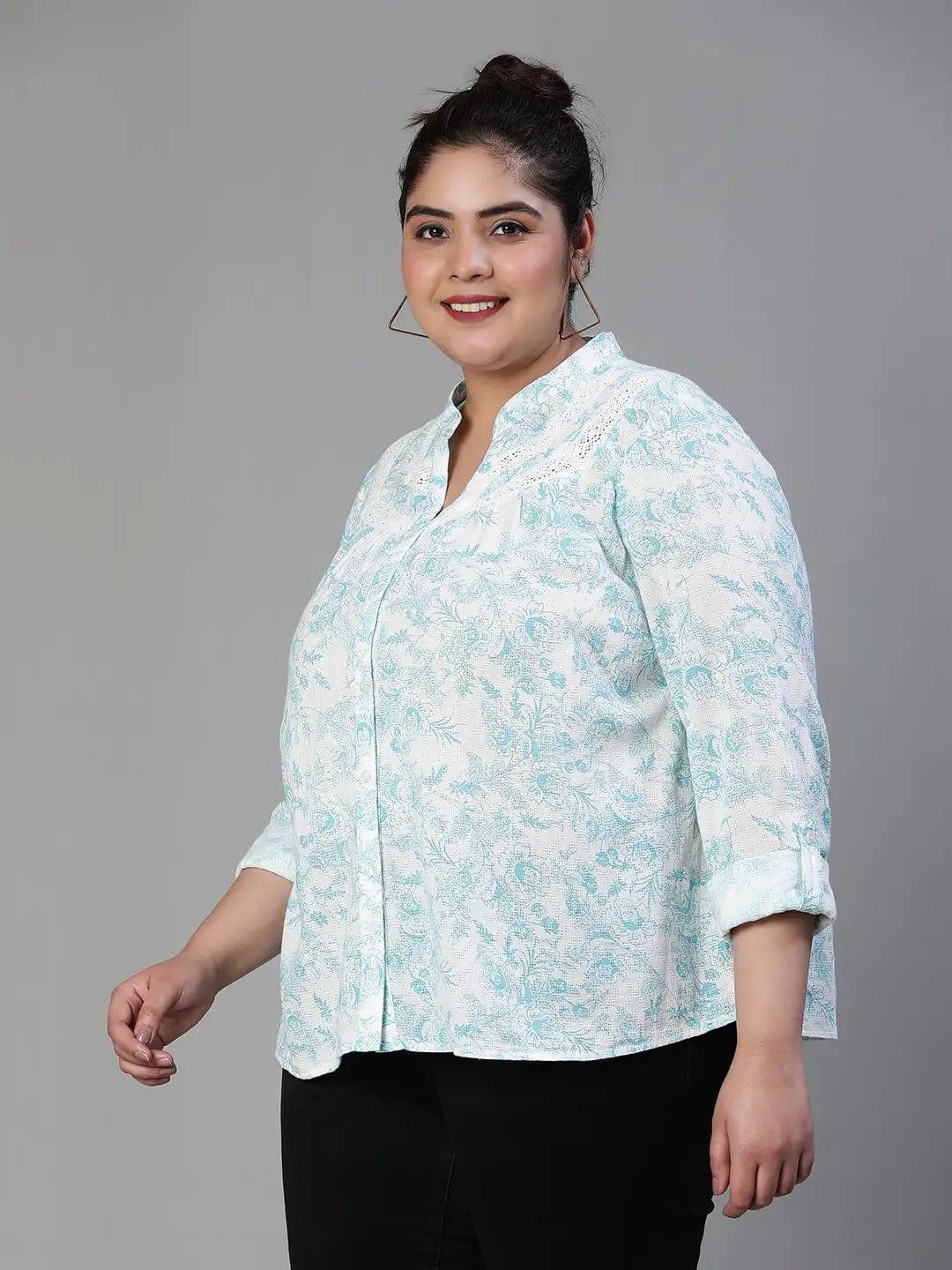 Green Crush Floral Print Buttoned Plus Size Cotton Shirt