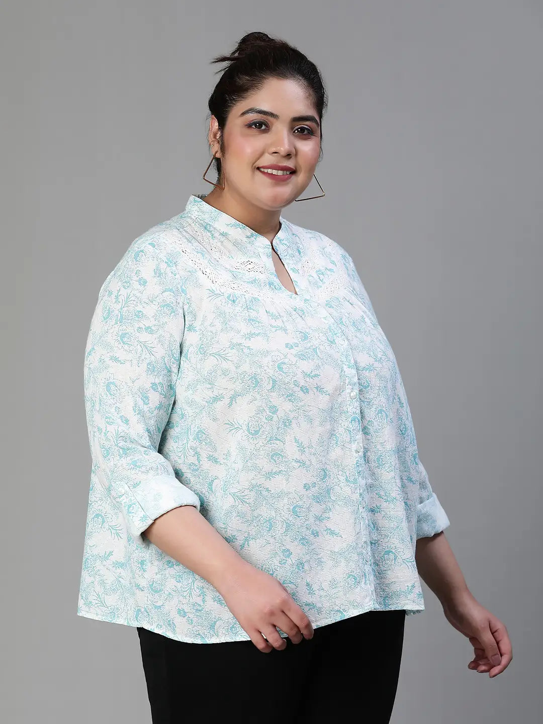 Green Crush Floral Print Buttoned Plus Size Cotton Shirt