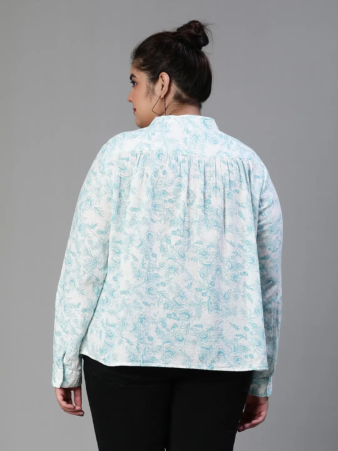 Green Crush Floral Print Buttoned Plus Size Cotton Shirt