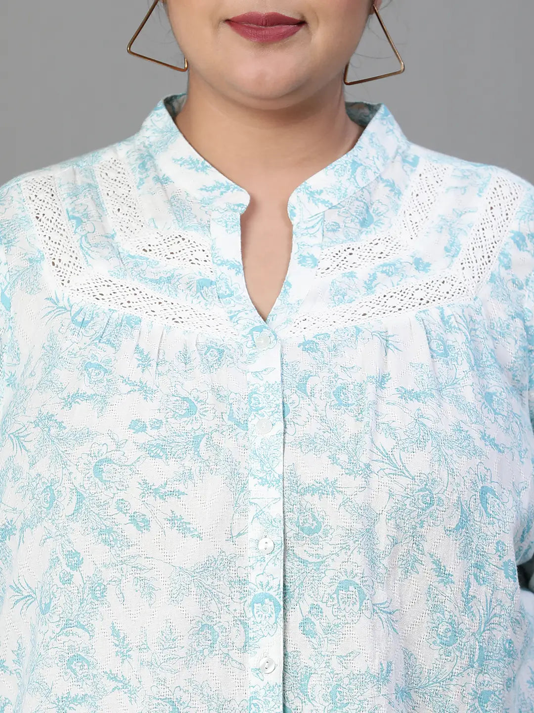 Green Crush Floral Print Buttoned Plus Size Cotton Shirt