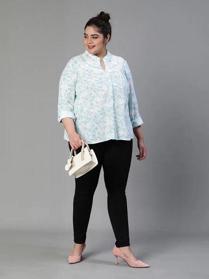 Green Crush Floral Print Buttoned Plus Size Cotton Shirt