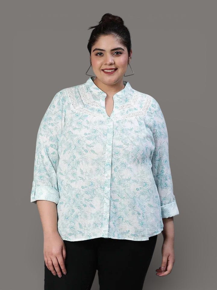 Plus Size Green Floral Print Cotton Shirt