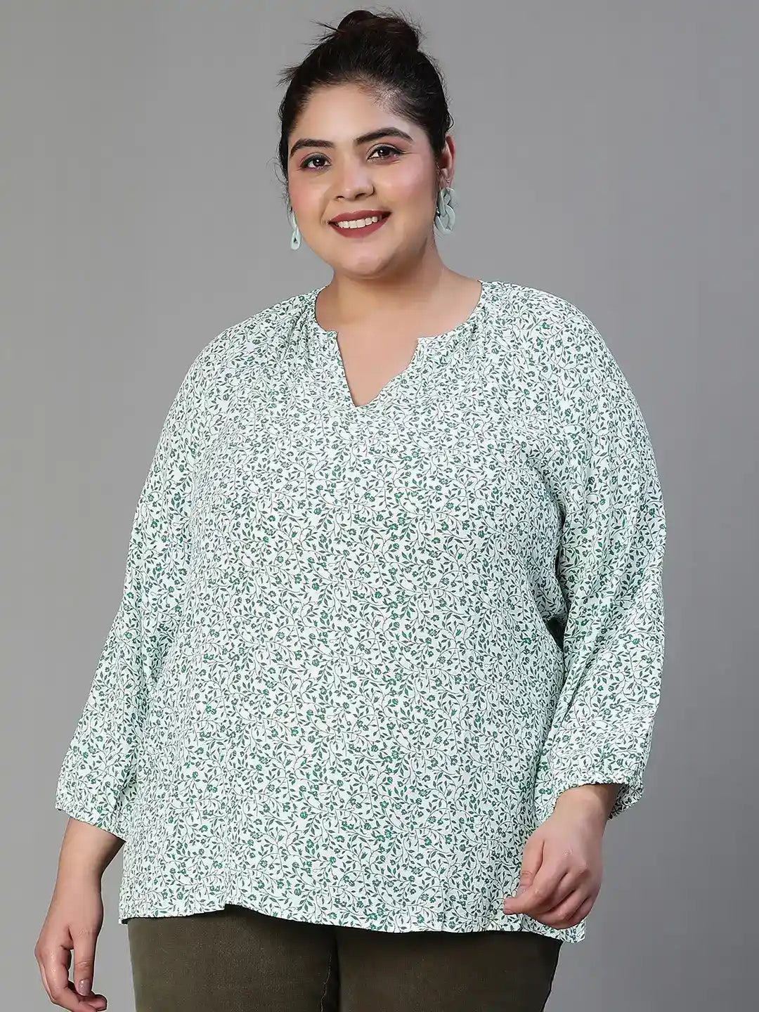 Shell-Out Floral Print Casual Cotton Plus Size Top Now