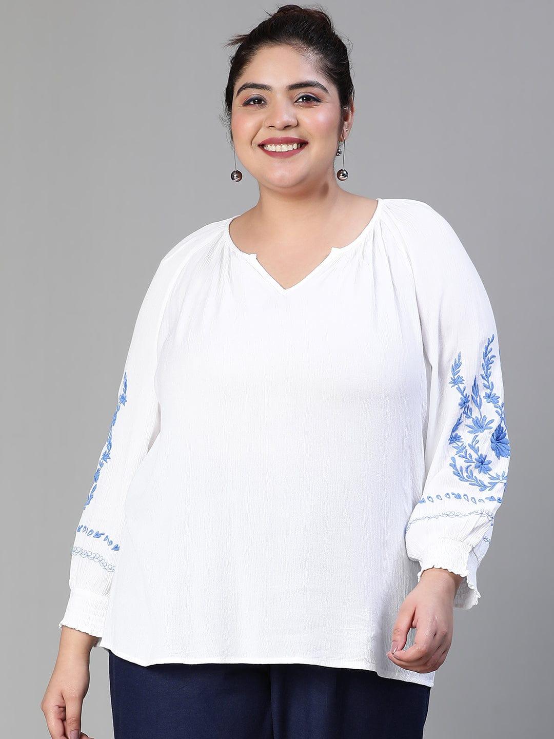 Blinged white embroidered  plus size women Loopy Top