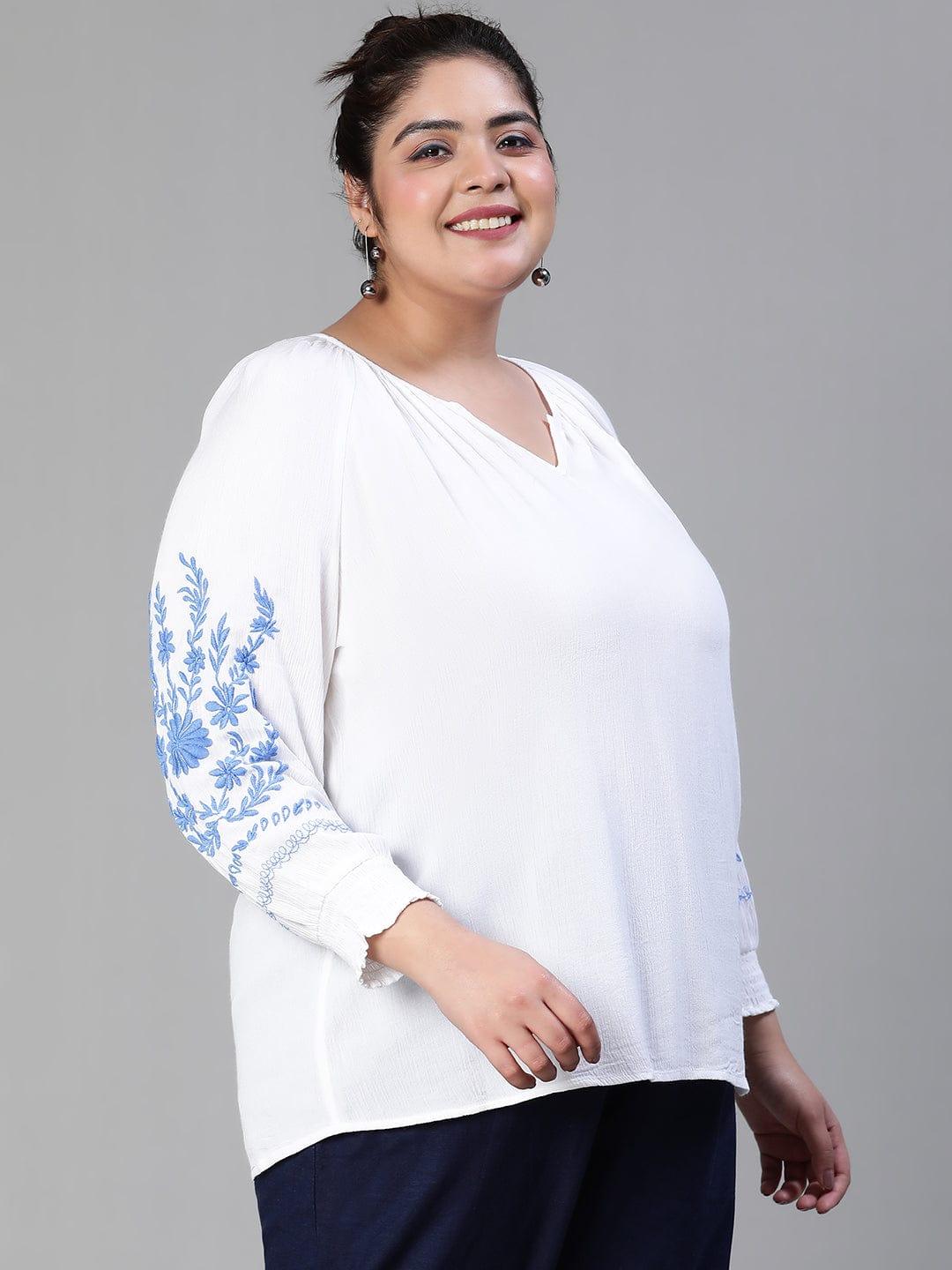 Blinged white embroidered  plus size women Loopy Top