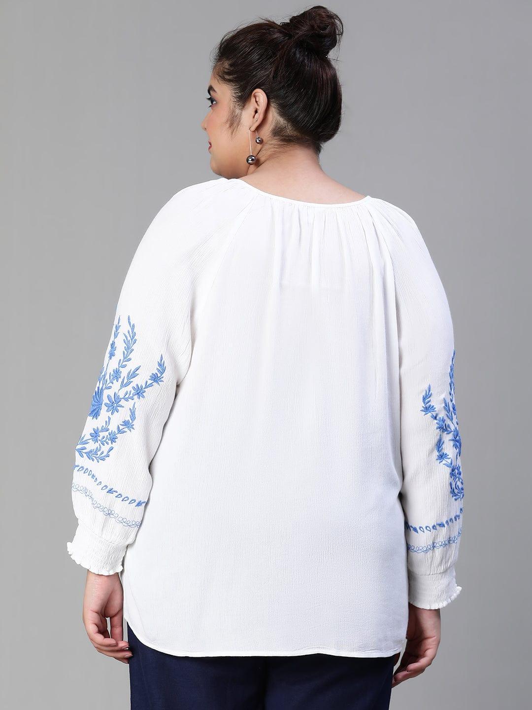 Blinged white embroidered  plus size women Loopy Top