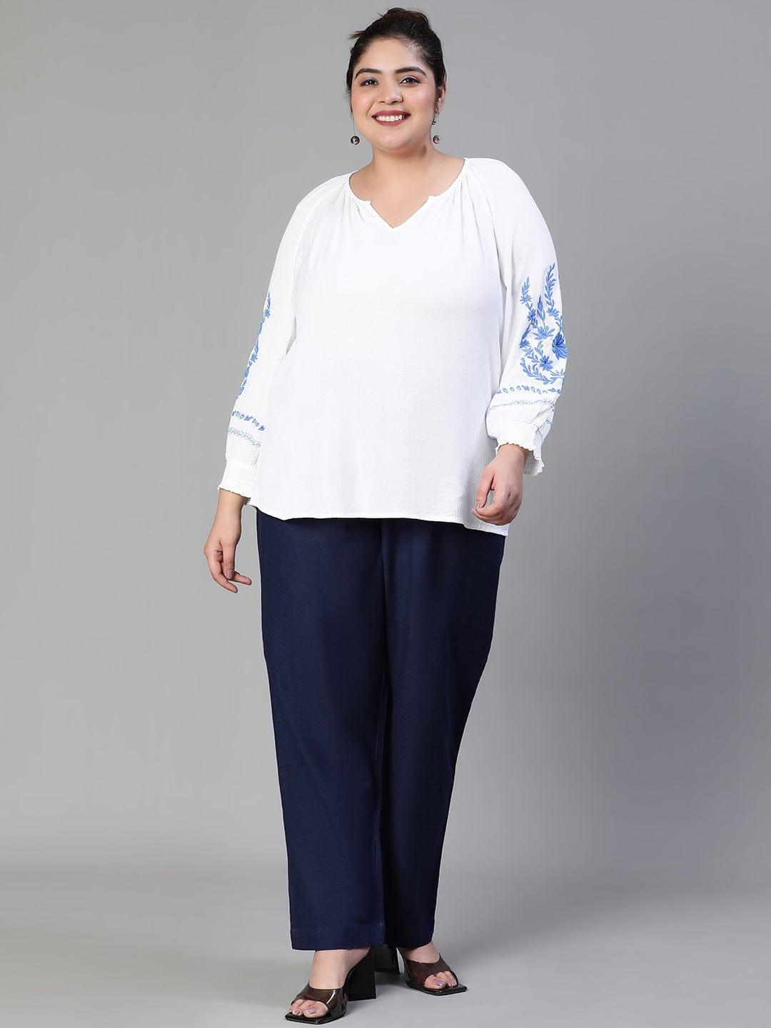 Blinged white embroidered  plus size women Loopy Top