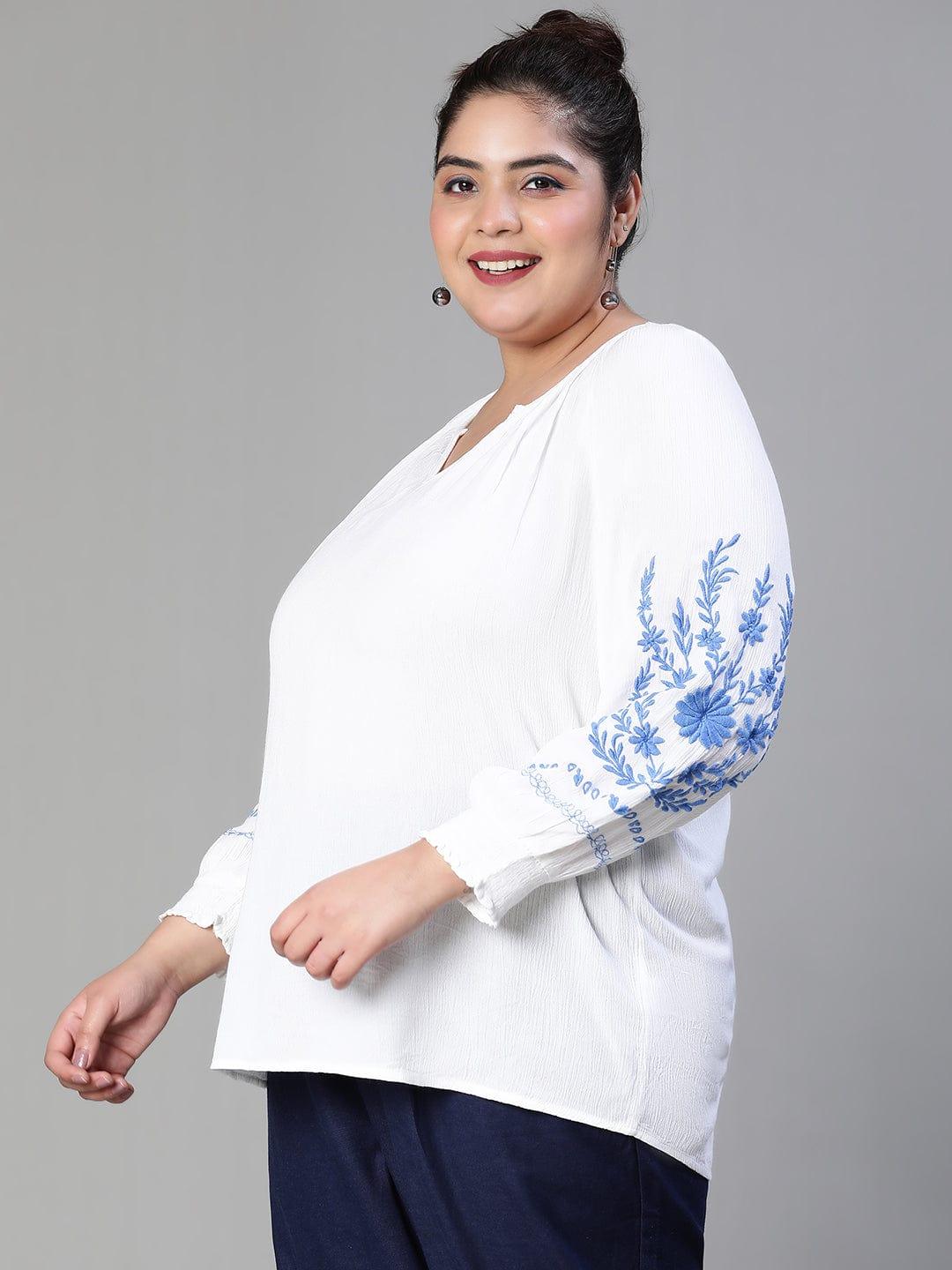 Blinged white embroidered  plus size women Loopy Top