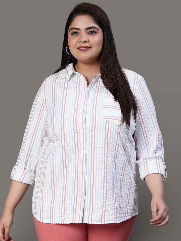 Stubble Stripe Print Multicolor Plus Size Cotton Shirt For Women