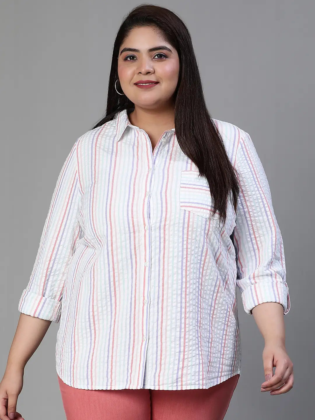 Stubble Stripe Print Multicolor Plus Size Cotton Shirt For Women