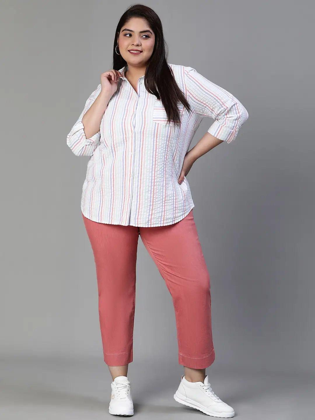 Stubble Stripe Print Multicolor Plus Size Cotton Shirt For Women