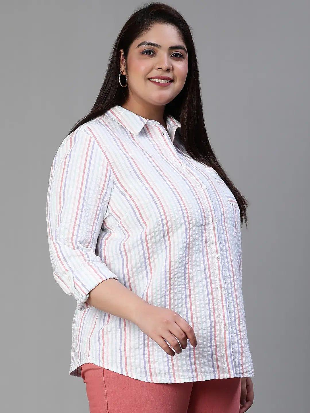 Stubble Stripe Print Multicolor Plus Size Cotton Shirt For Women