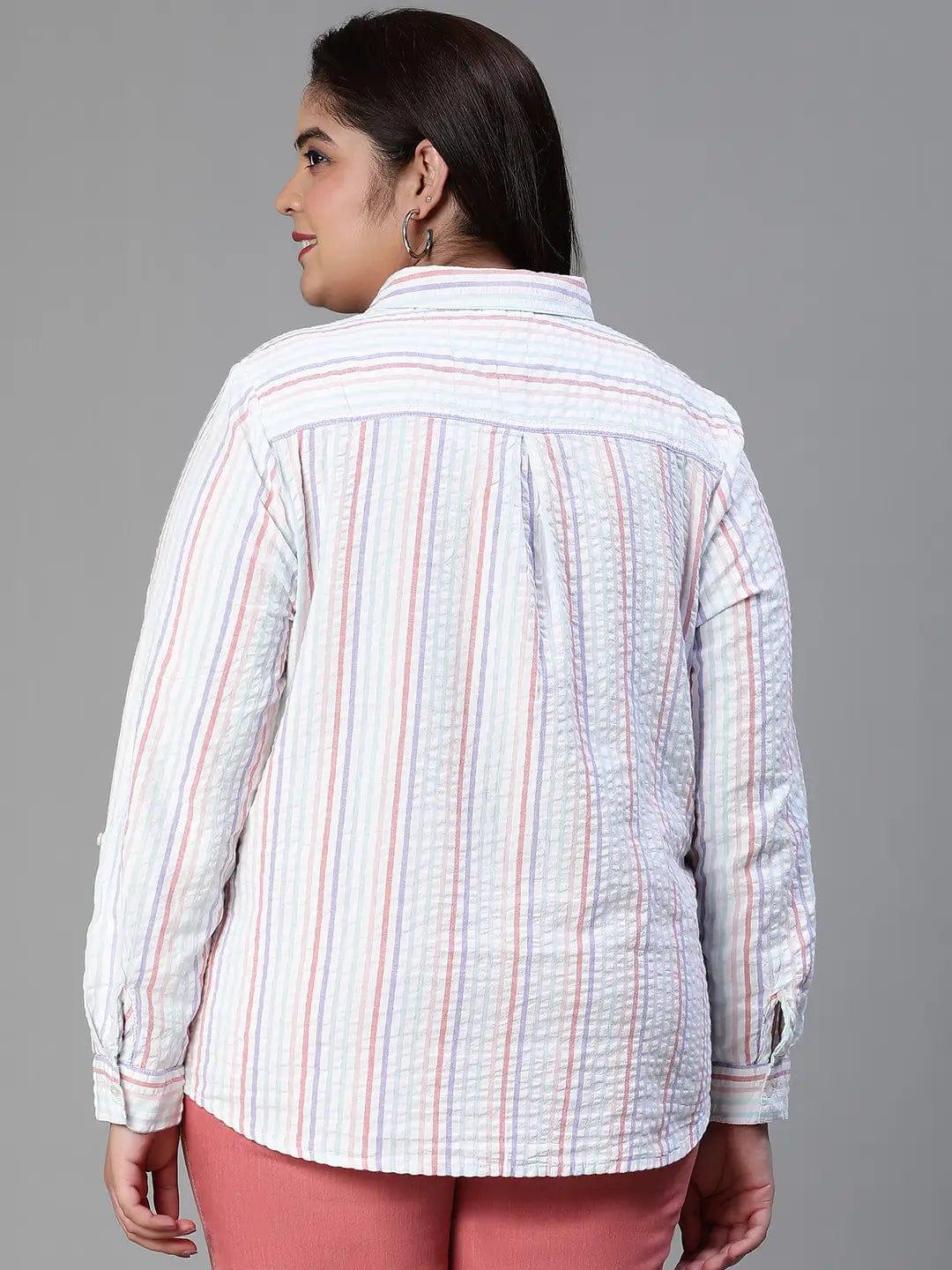 Stubble Stripe Print Multicolor Plus Size Cotton Shirt For Women