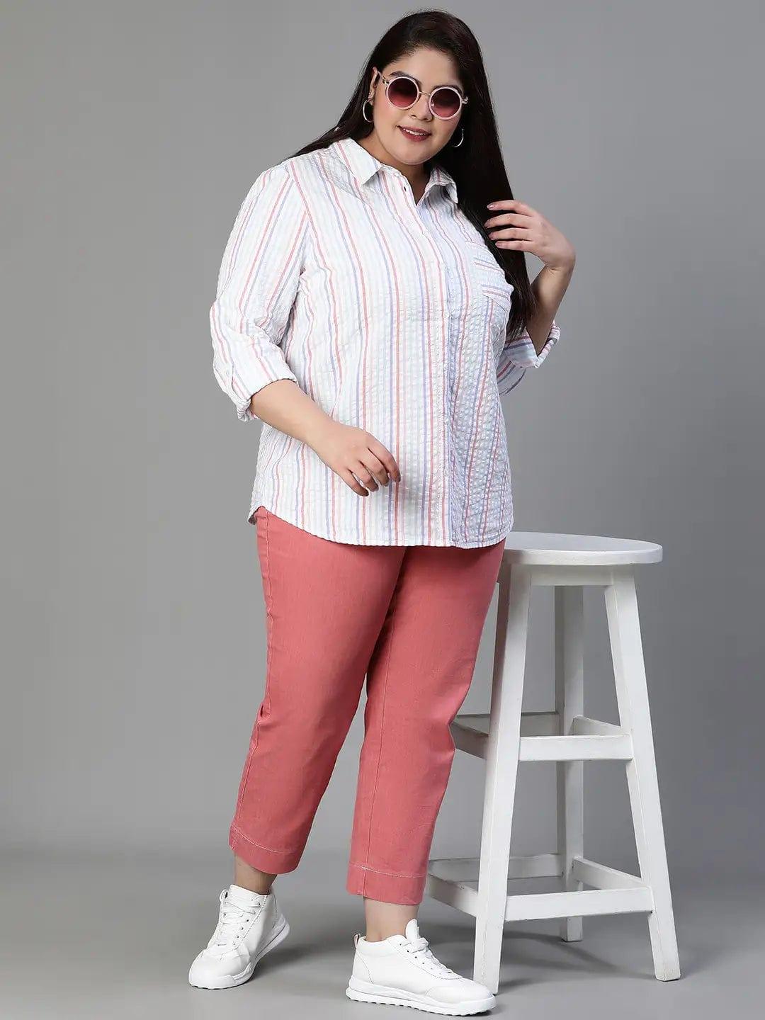 Stubble Stripe Print Multicolor Plus Size Cotton Shirt For Women