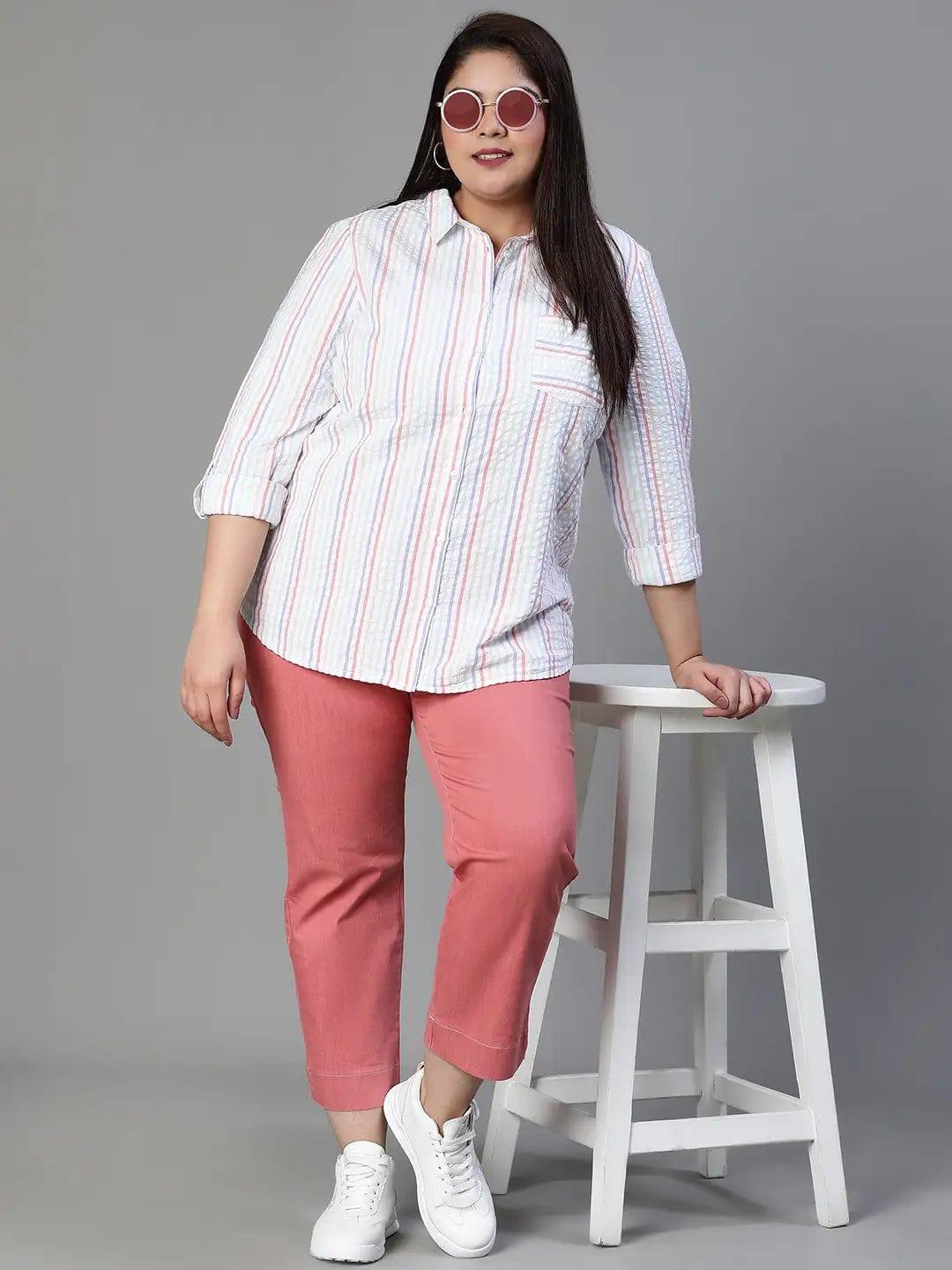 Stubble Stripe Print Multicolor Plus Size Cotton Shirt For Women