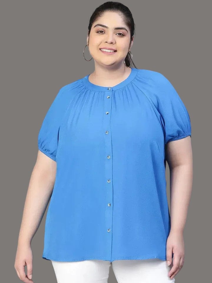 Plus Size Blue Shirt - Women's Curvy Fit Loopy Top With Button Placket